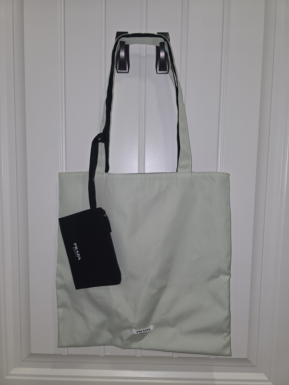 Prada Light Green & Black Reversible Nylon Tote with Black Pouch